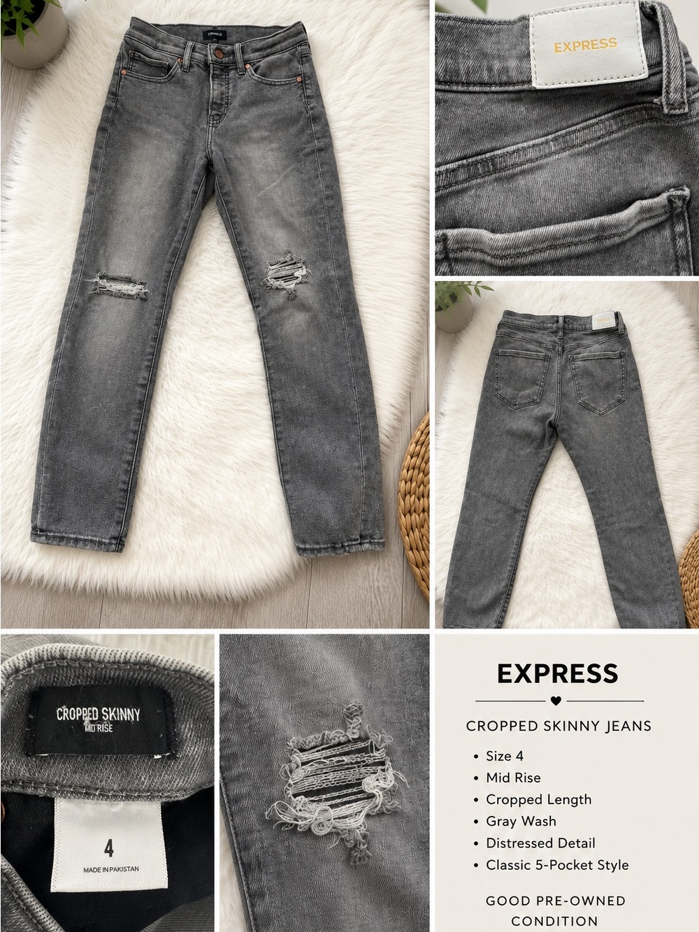 Express Gray Cropped Distressed Skinny Jeans